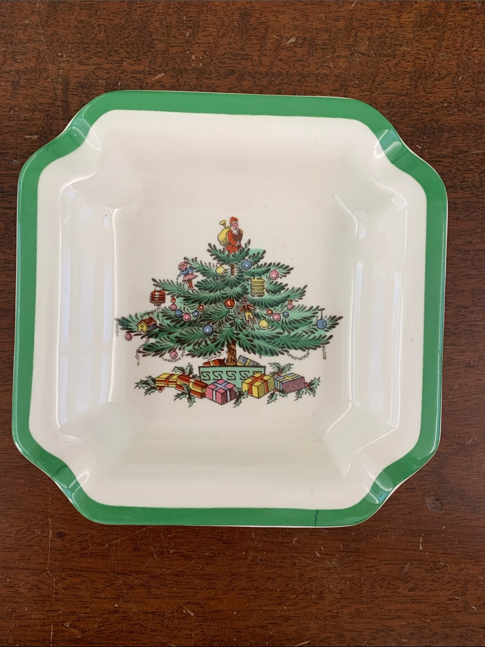 Spode Green-Trim Ceramic Holiday Square Dish with Christmas Tree